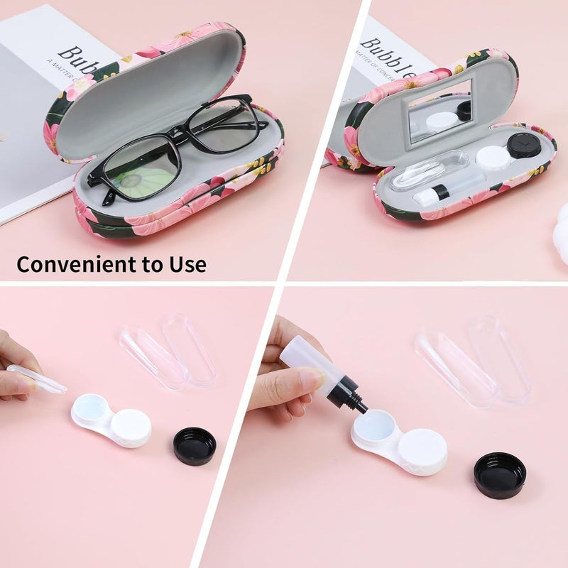 FlyingMage Store 2 in 1 Contact Lens Case and Eyeglasses Case for Women Men Kids, Double Sided Hard Shell Portable Glasses Travel Holder with Built-in Mirror, Contact Lens Box Storage Kit (Pink Flower) - Image 4